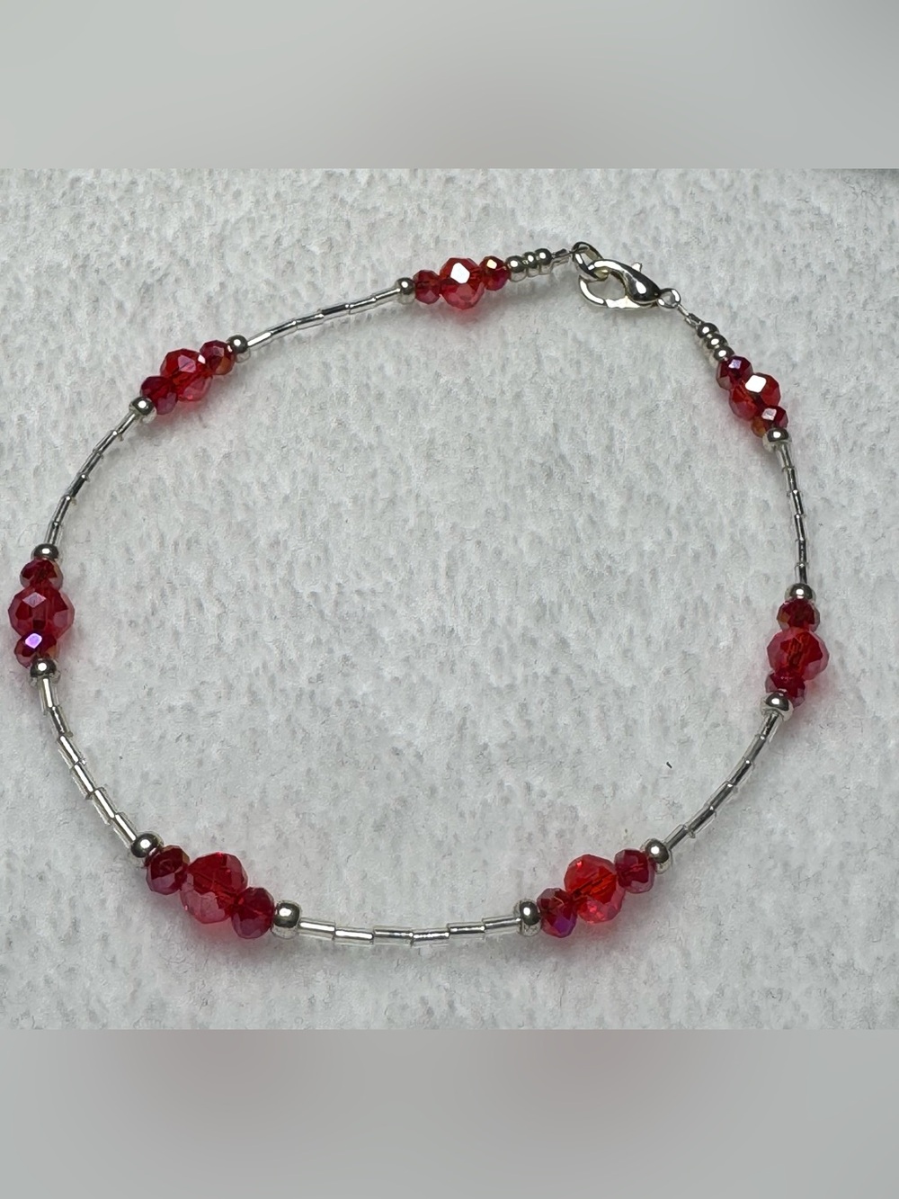 #JBx054 Red Faceted Crystal & Silver Accent Beaded Station Anklet Ankle Bracelet